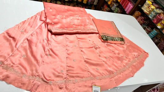 Traditional Peach Satin Rajasthani Poshak with Floral Buti Work