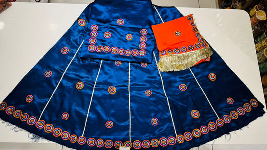 Traditional Royal Blue Satin Lehenga with Multi-Color Embroidery & Orange Odhani