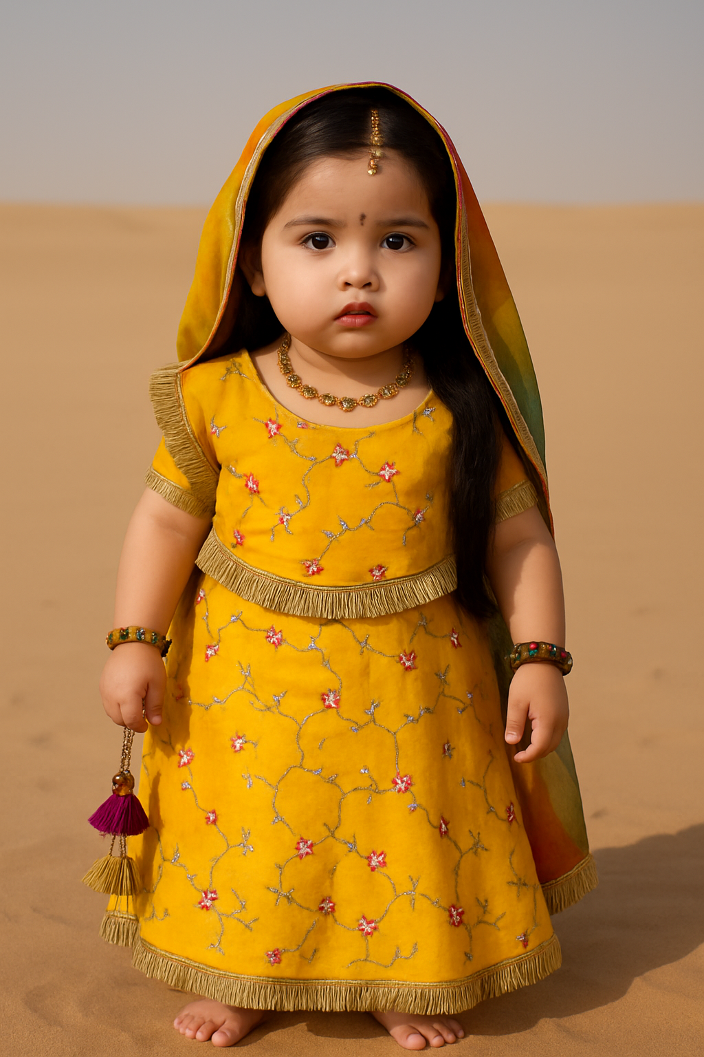 Adorable Yellow Embroidered Lehenga Choli for Kids - Festive Rajasthani Wear