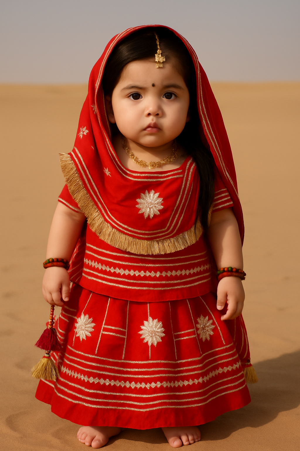 Girls' Traditional Red Rajasthani Poshak - Festive Wear with Silver/Gold Thread Work