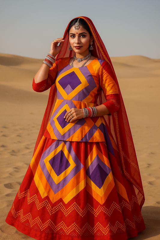"Rajasthani Sunrise" - Vibrant Geometric Rajputi Jod